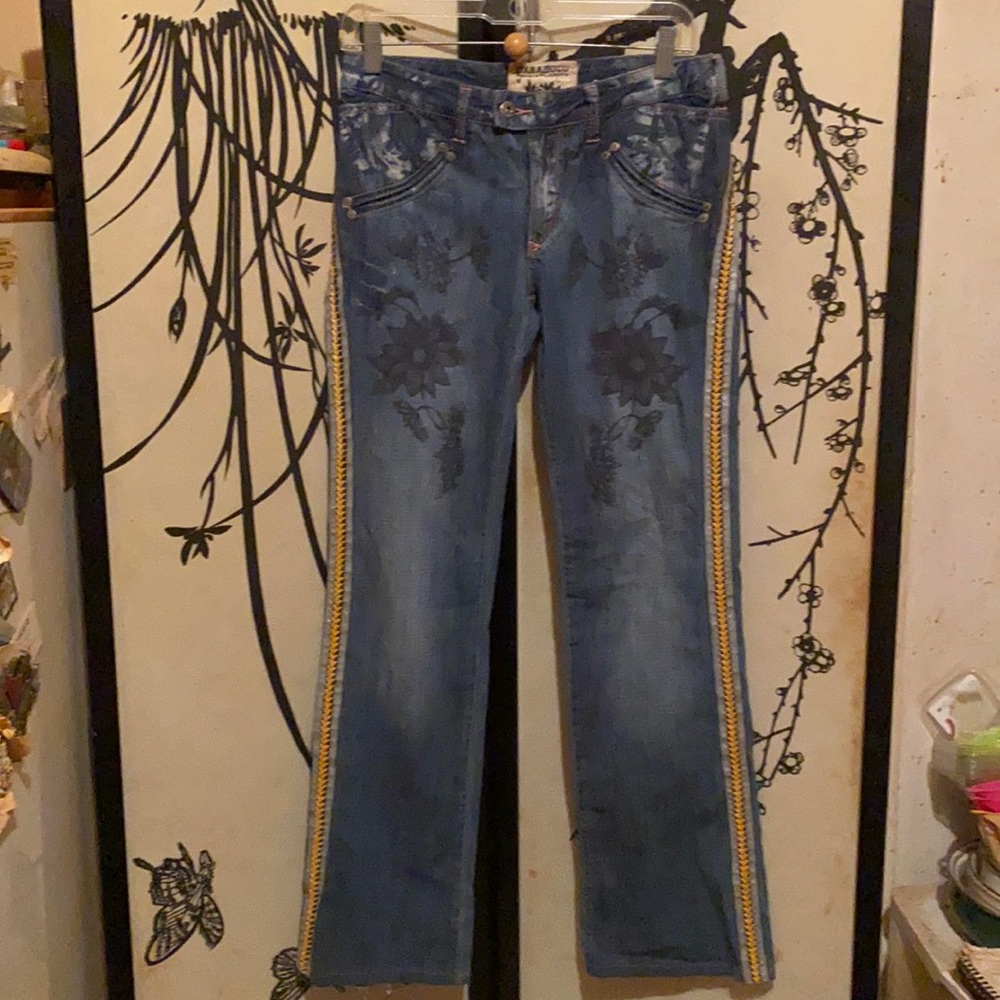 VTG Parasuco Women’s Dark Blue Braided Leather StripeJeans Embroidery Rhinestone
